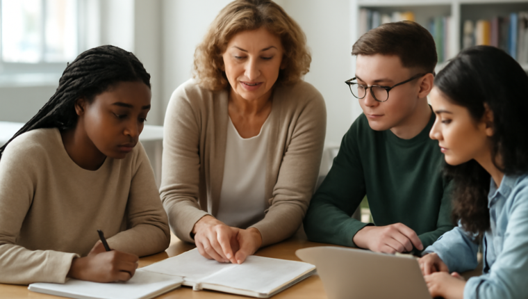University students discussing course information with a tutor in a study space