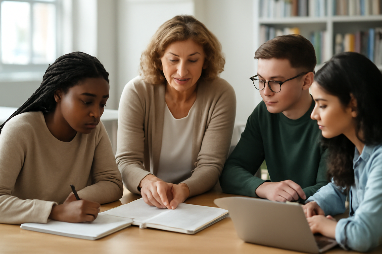University students discussing course information with a tutor in a study space