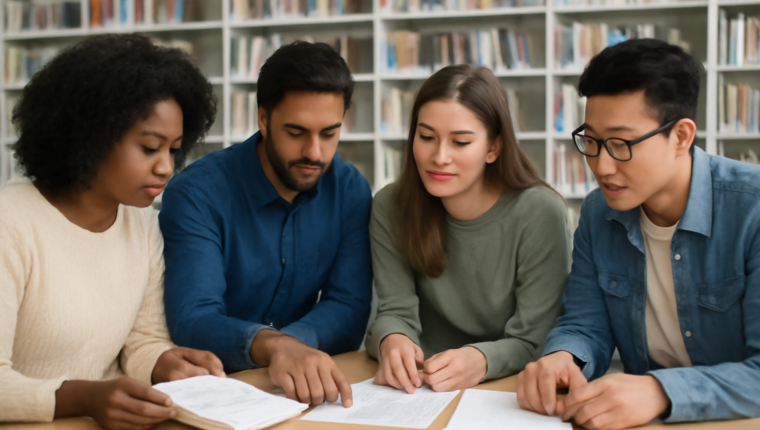 Students comparing career-planning notes in a bright library