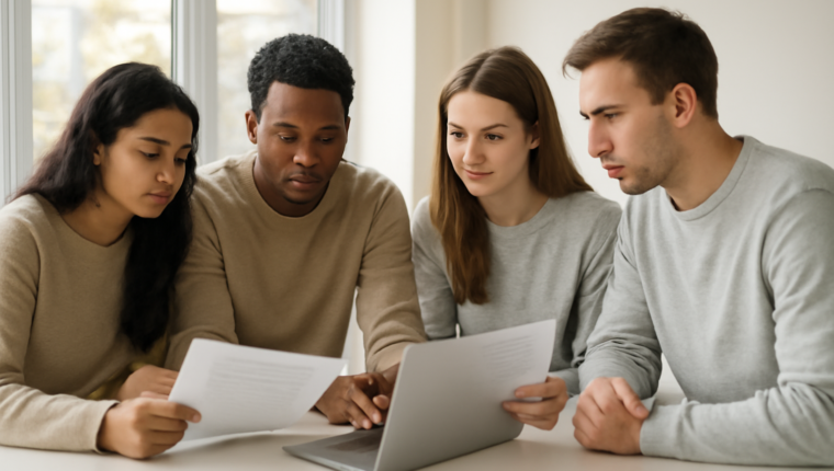 Prospective students comparing university course information at a study table