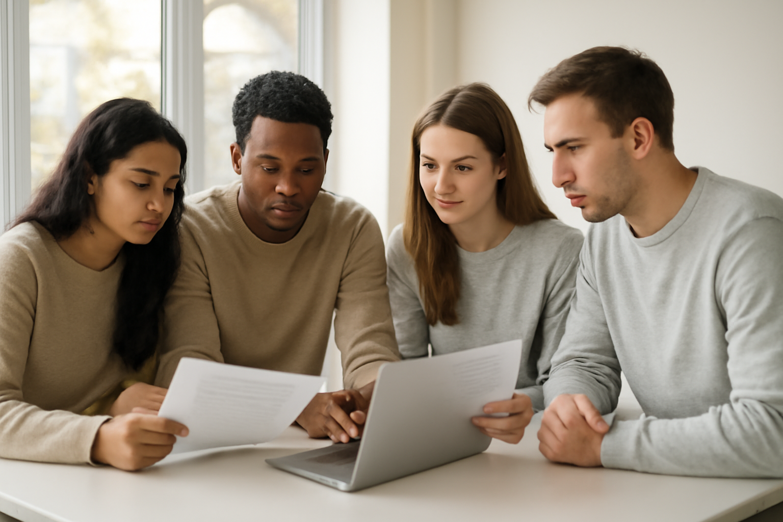 Prospective students comparing university course information at a study table